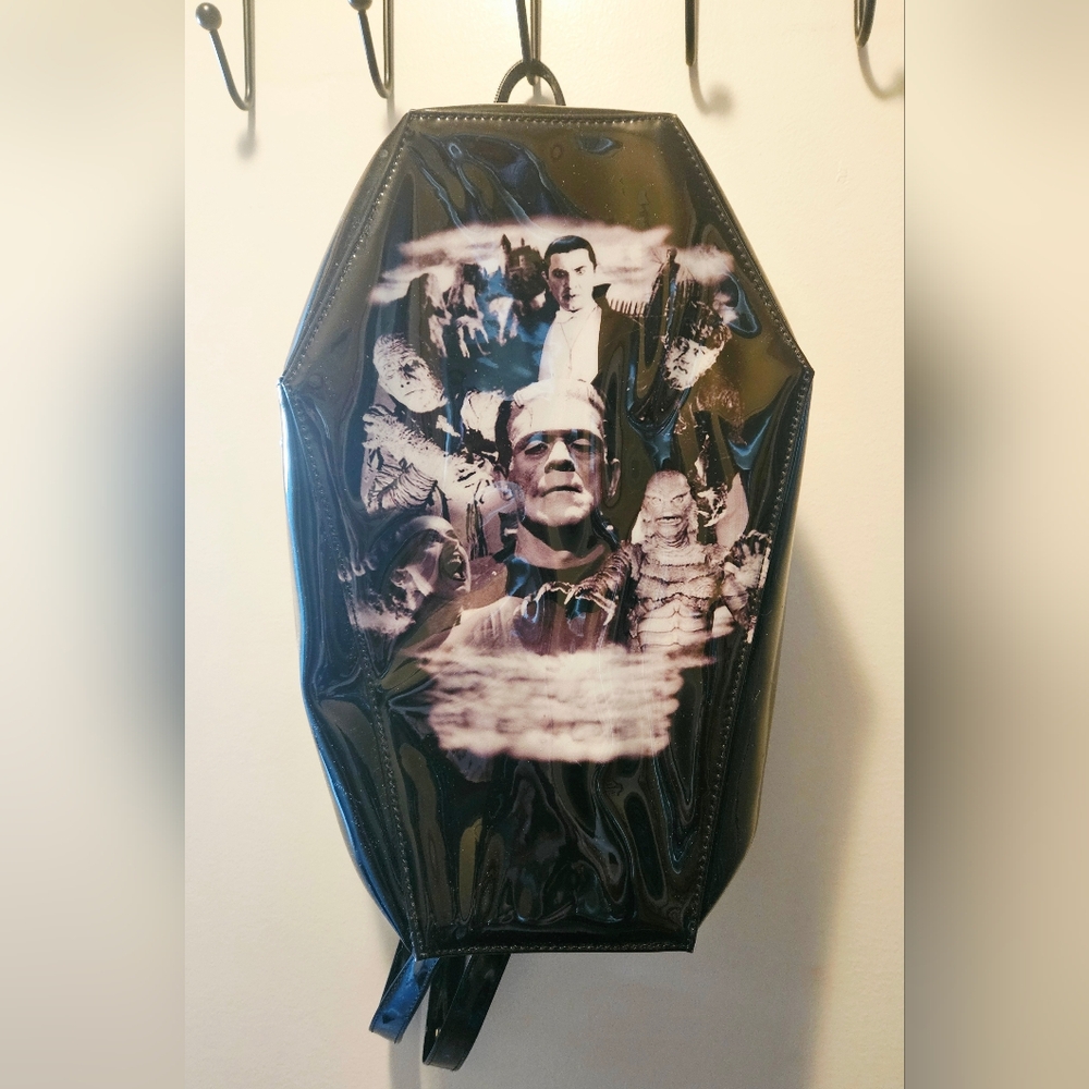Black Coffin-Shaped Universal Monsters Print Backpack Purse